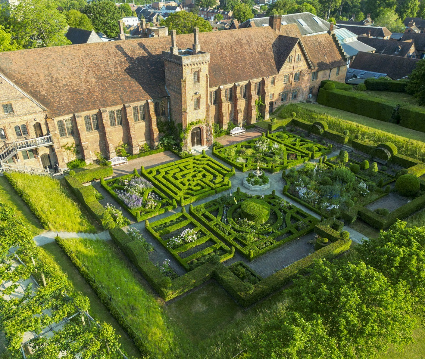 Aerial view of the Old Palace and its knot garden maze, Hatfield House