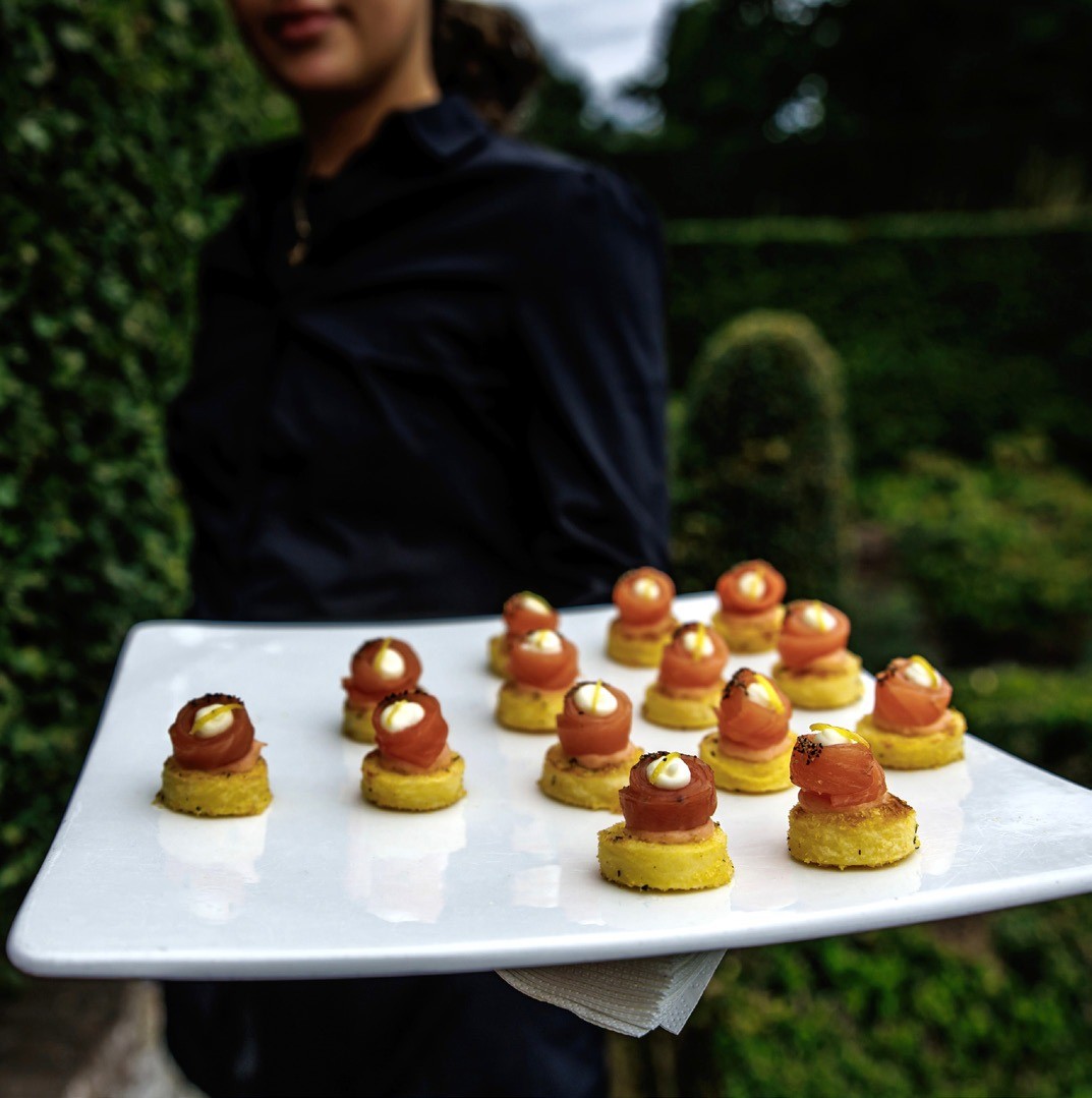A server with a tray of canapes, Hatfield House