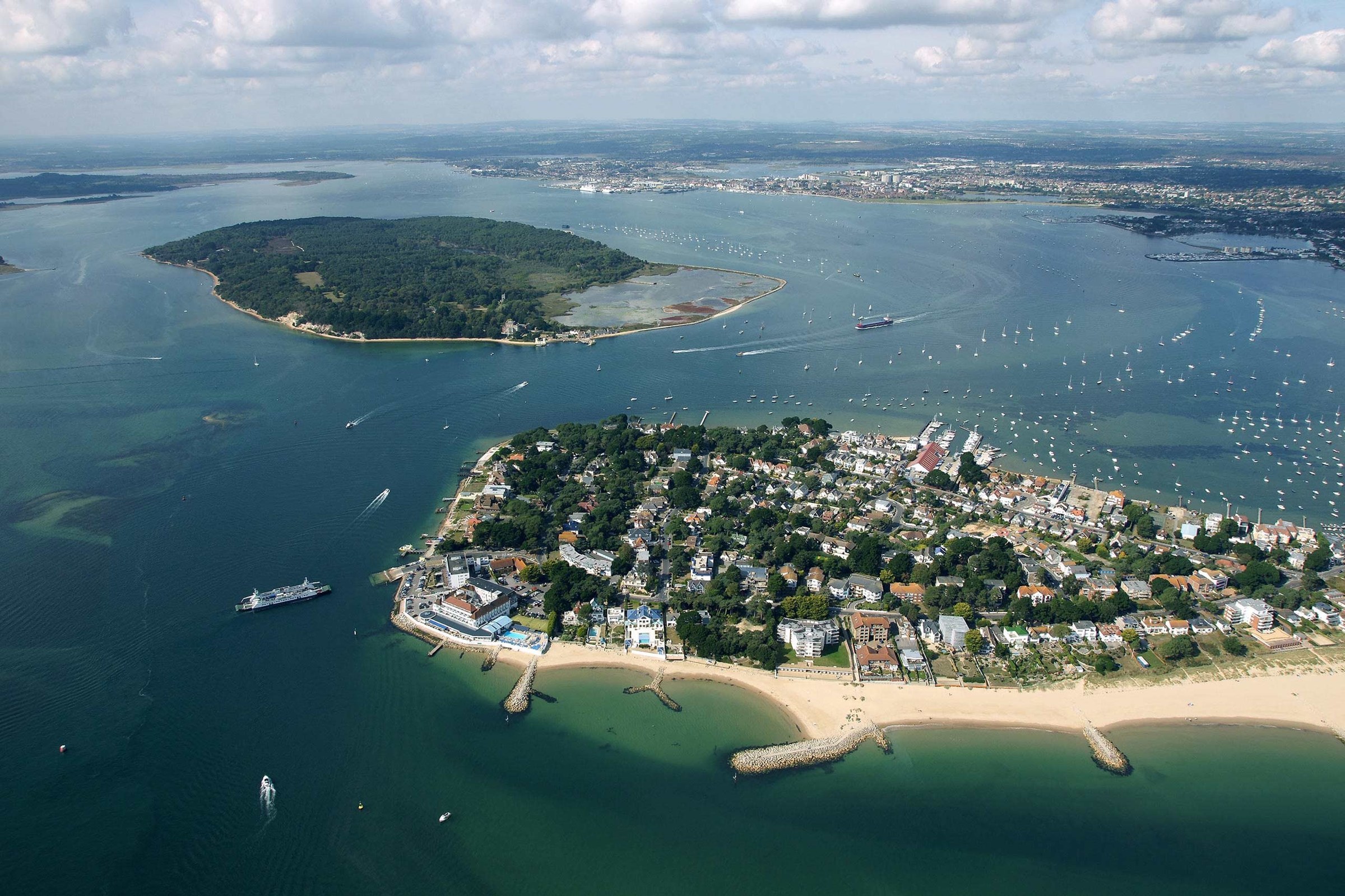 Aerial view of the Sandbanks peninsula and Poole Harbour, The Haven Hotel, Poole