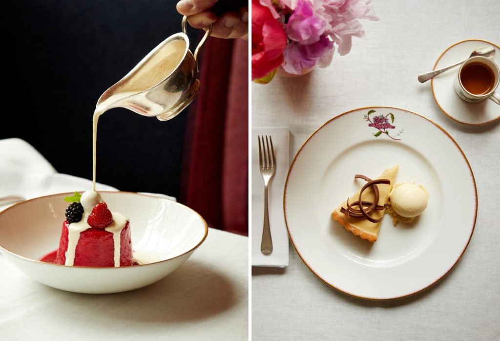 A berry pudding with cream being poured, beside a plated dessert with ice cream