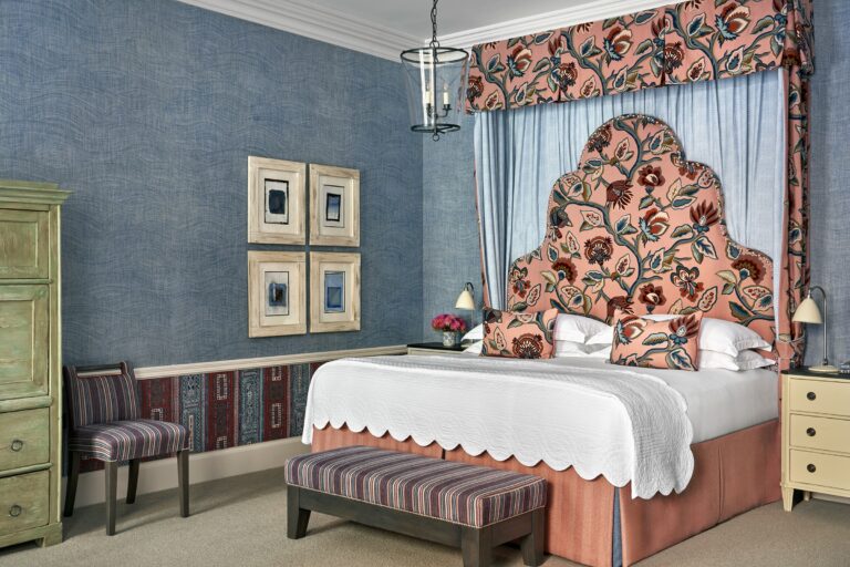 A Junior Terrace Suite, in blue and pink, Haymarket Hotel