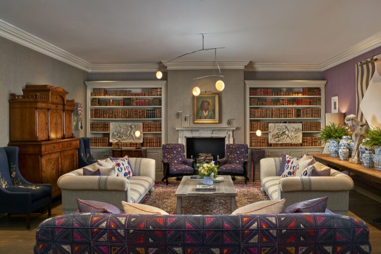 The Library, front-on, layered in Kit Kemp colour and pattern, Haymarket Hotel