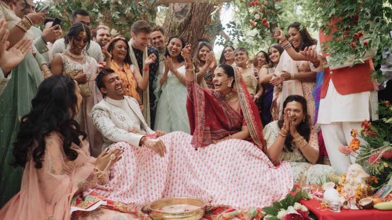 Laughter during Bhavina and Priyam's Hindu ceremony at Kew Gardens, London (film still), HD Moments