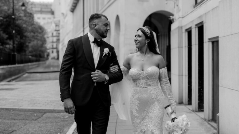 Hannah and Jack outside The Savoy, London, on their winter wedding day (film still), HD Moments