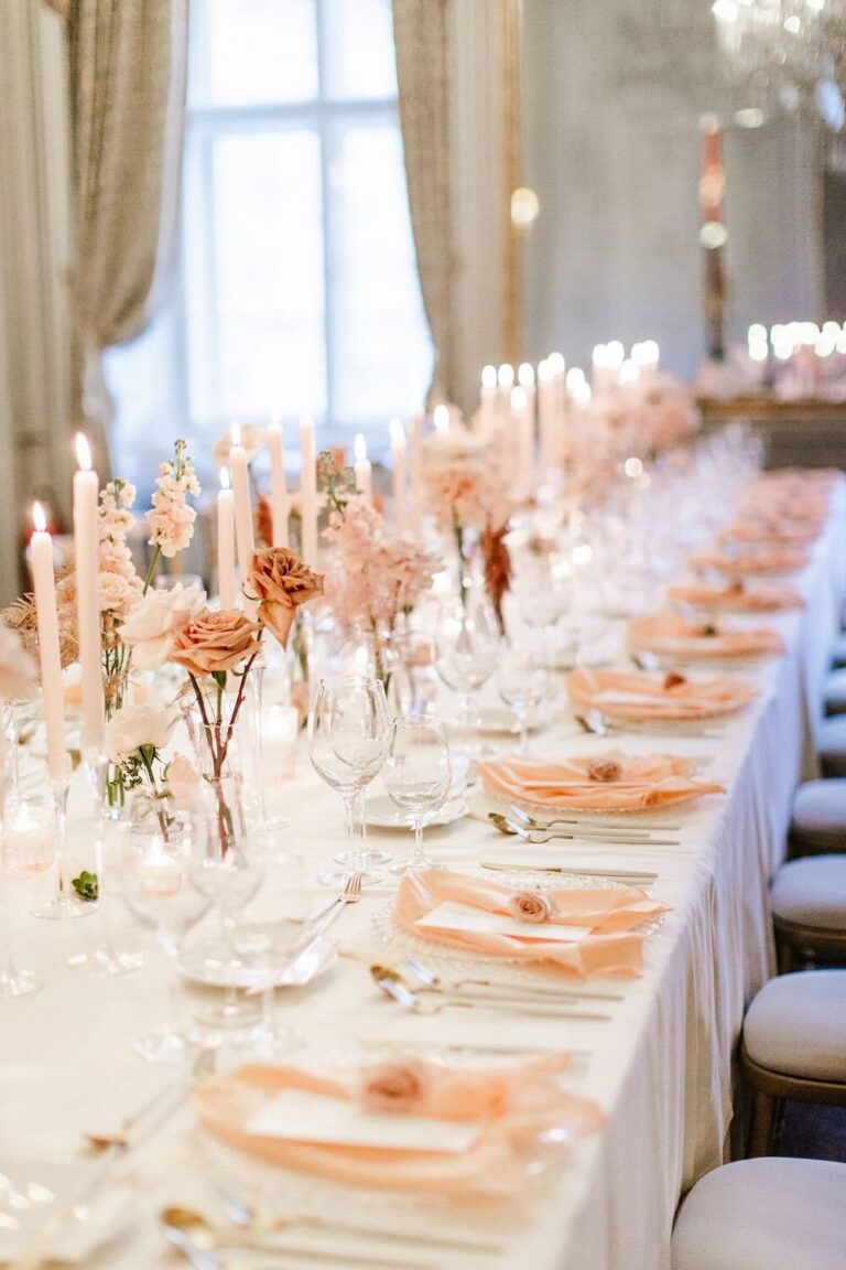 Peach and blush long table at Palais Daun-Kinsky, Vienna, High Emotion Weddings