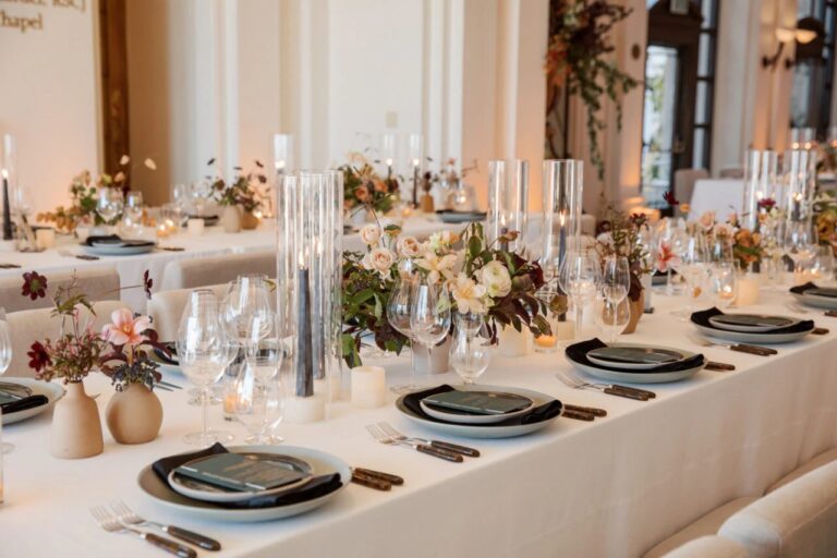 Long reception table with low floral centrepieces and tall candles, High Emotion Weddings