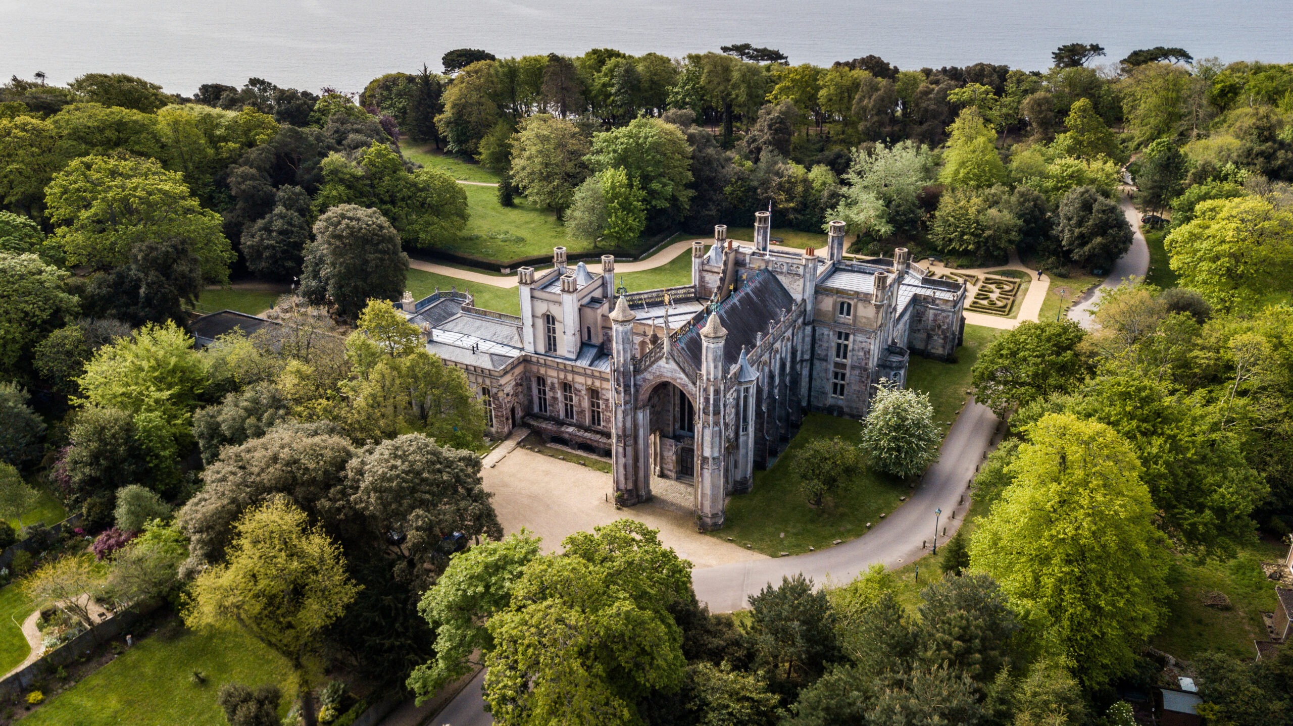 Aerial view of the castle and its grounds, Highcliffe Castle