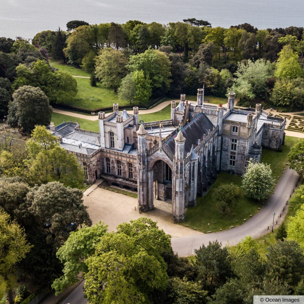 The castle and woodland seen from above, Highcliffe Castle