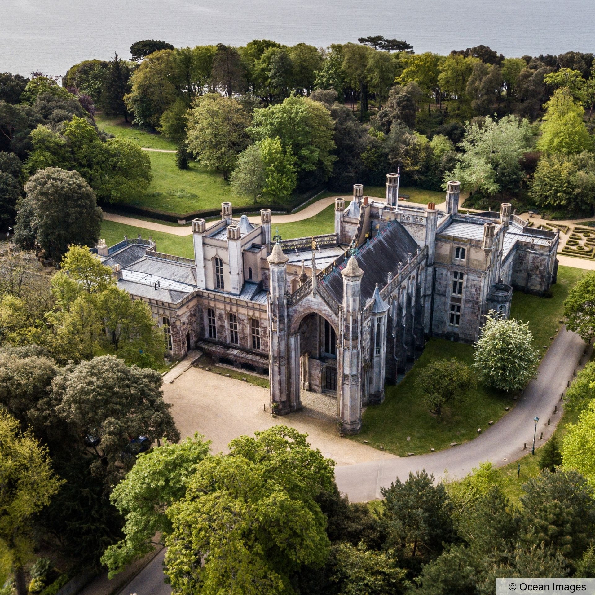The castle and woodland seen from above, Highcliffe Castle