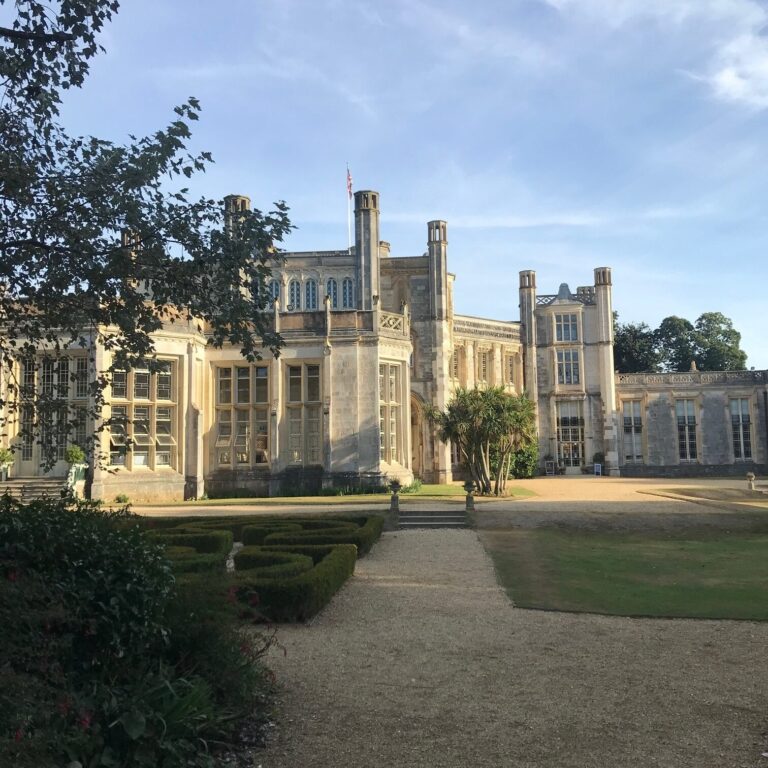 Gravel path leading to the castle in evening light, Highcliffe Castle
