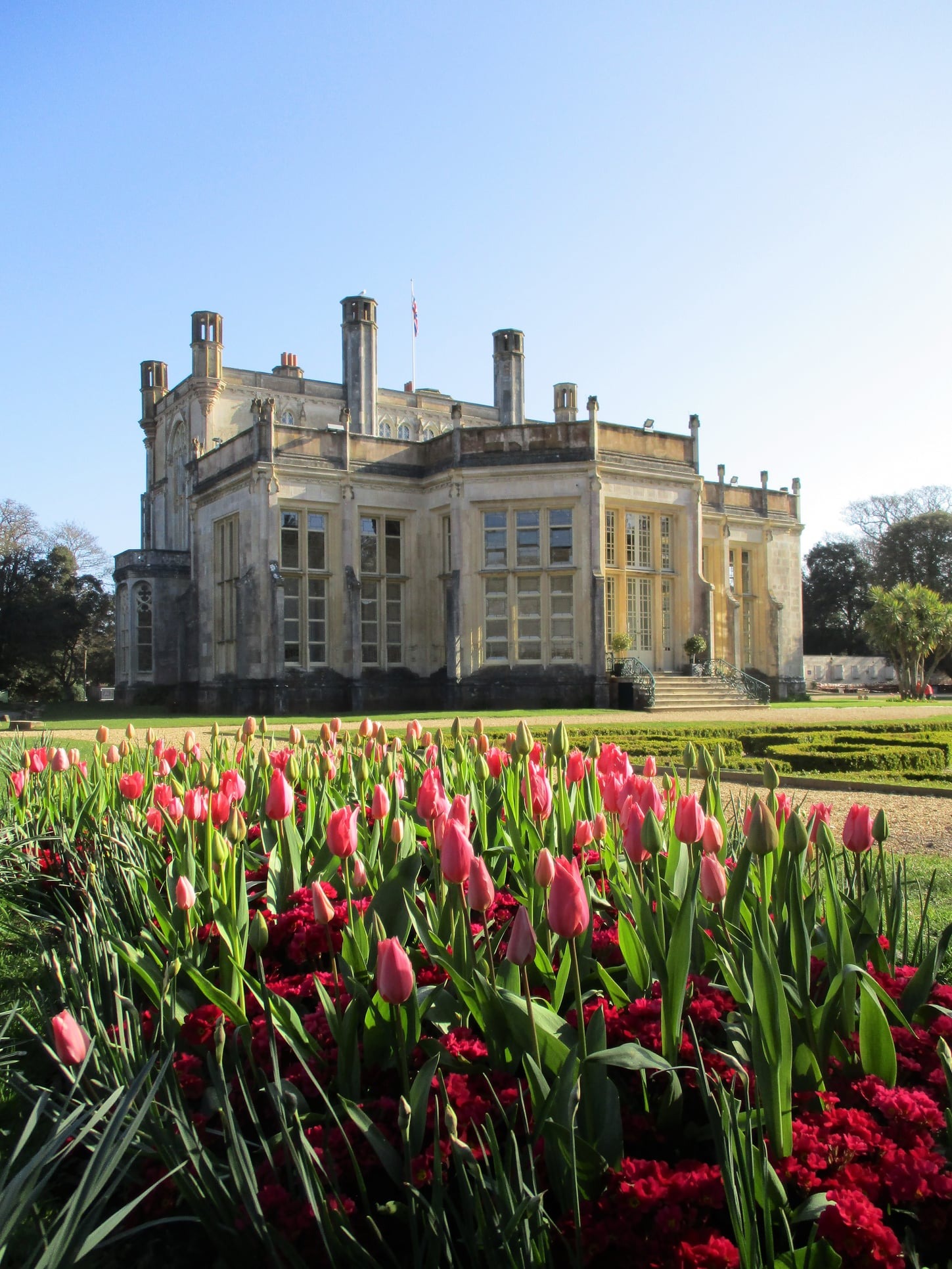 The castle with tulips in the foreground, Highcliffe Castle