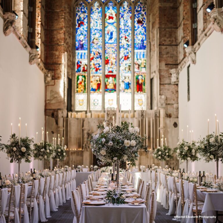 The Great Hall dressed with floral centrepieces, Highcliffe Castle