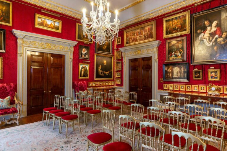 The Red Room set with rows of chairs for a ceremony, Hillsborough Castle and Gardens