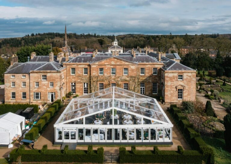 Aerial of the castle, glass conservatory and gardens, Hillsborough Castle and Gardens