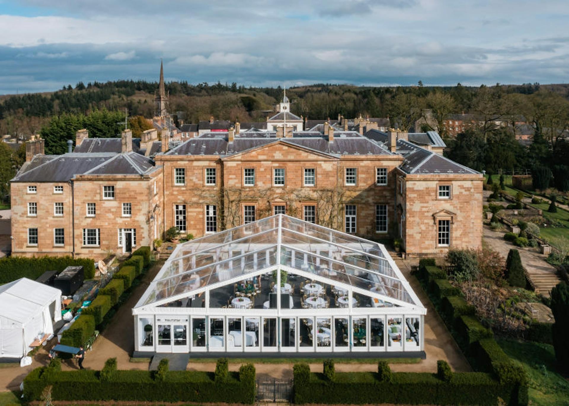 Aerial of the castle, glass conservatory and gardens, Hillsborough Castle and Gardens