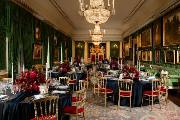 The Throne Room laid for a candlelit dinner beneath its chandeliers, Hillsborough Castle and Gardens
