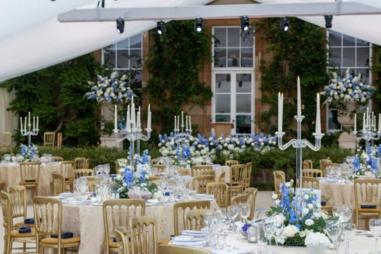 A clear-roofed marquee on the West Terrace dressed in blue and white, Hillsborough Castle and Gardens