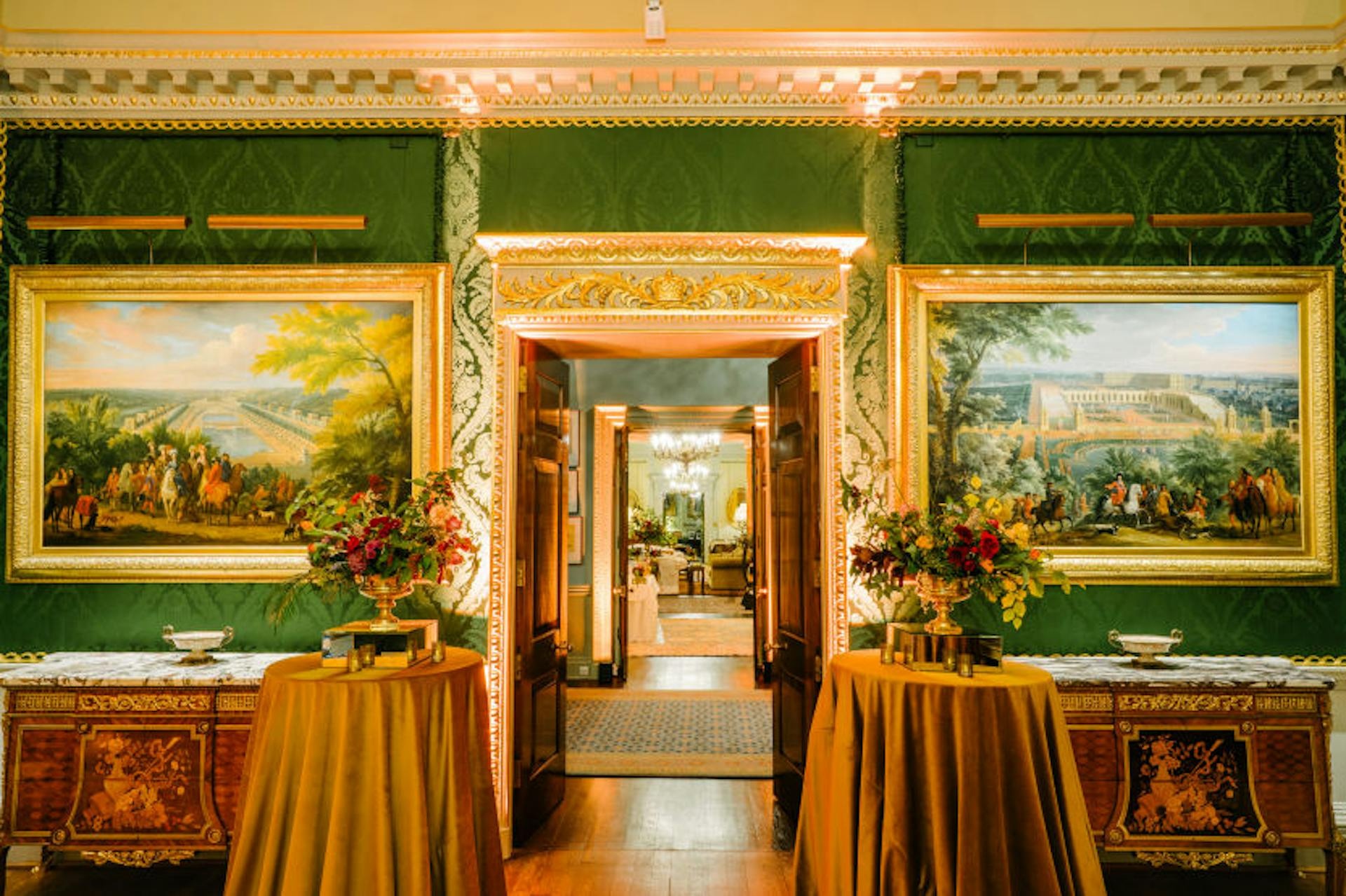 The Throne Room dressed in gold, an enfilade of State Rooms opening through to the State Drawing Room, Hillsborough Castle and Gardens