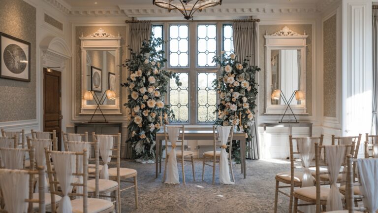 The Drawing Room laid out for a ceremony, with a flower-framed table before the leaded bay window, Horwood House Hotel & Spa