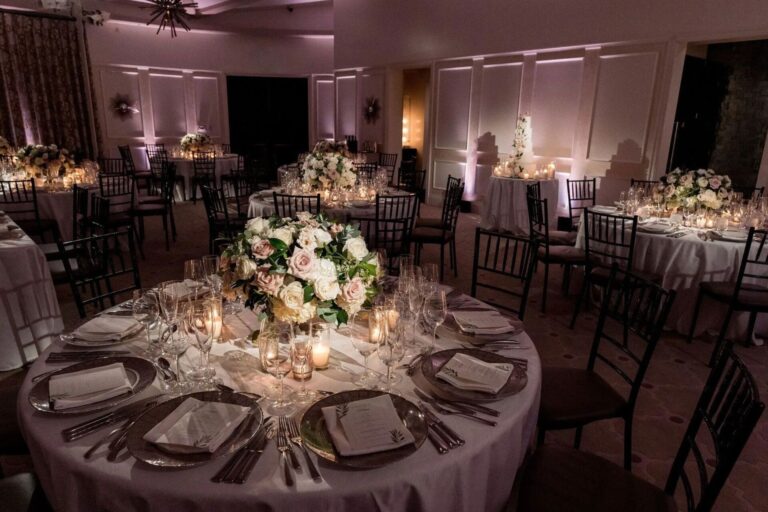 A candlelit reception table in the Garden Ballroom, Hotel Bel-Air