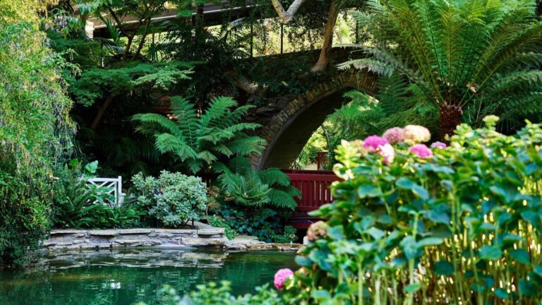 Swan Lake, the grotto and stone bridge, Hotel Bel-Air