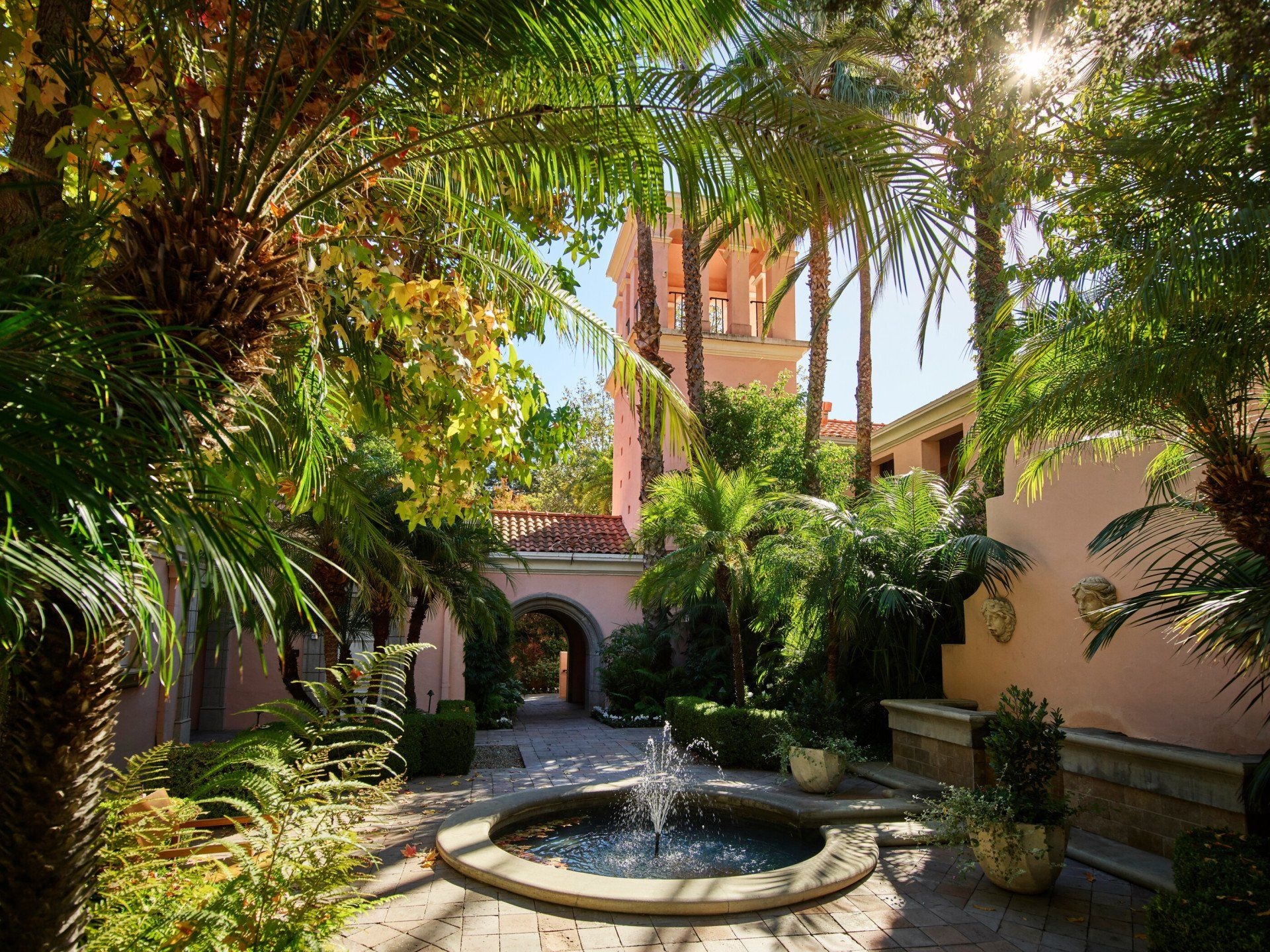 The courtyard fountain, beneath the mission-style tower, Hotel Bel-Air