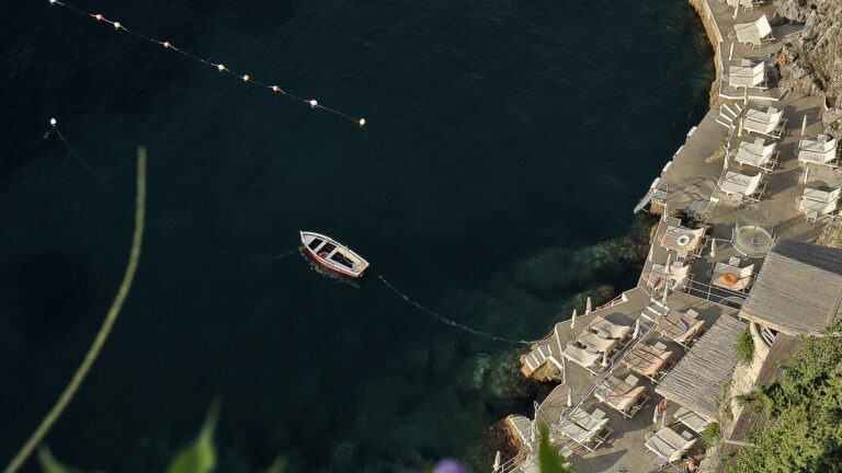 Aerial view of the beach club and the sea, Hotel Santa Caterina