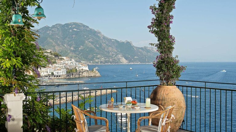 A table on the terrace with the Amalfi coast beyond, Hotel Santa Caterina