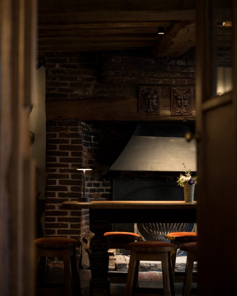 The restaurant grill in its brick fireplace, Hotel Tresanton