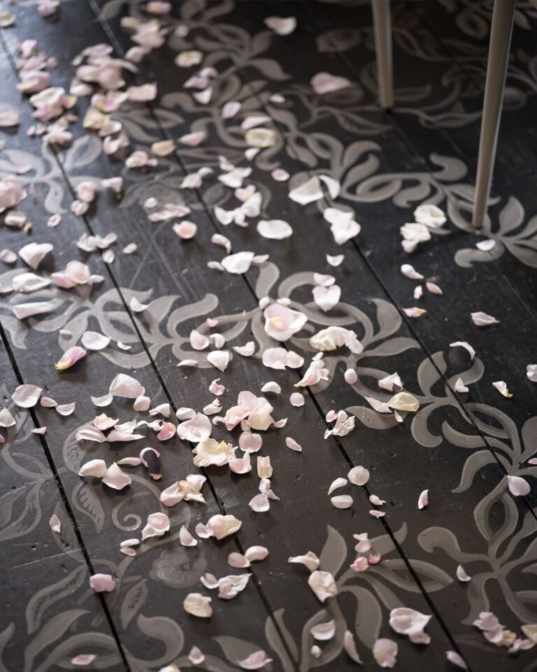 Rose petals scattered on a painted floor, Hotel Tresanton
