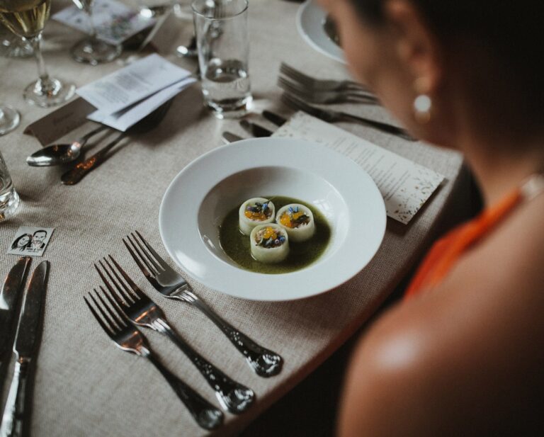 A first course served at a wedding breakfast table, Huntsham Court
