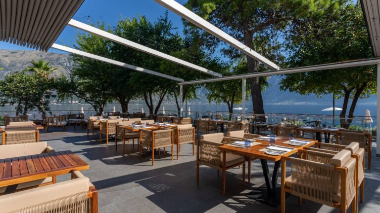 A waterfront restaurant terrace beneath a pergola, Hyatt Regency Kotor Bay Resort