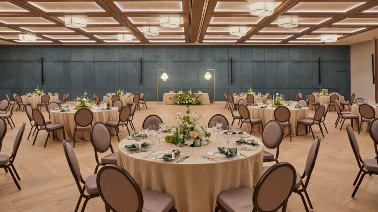 Round tables and floral arrangements in the ballroom, Hyatt Regency Kotor Bay Resort