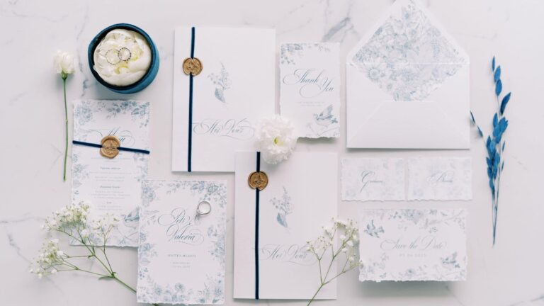 Wedding stationery with blue floral illustrations, Hyatt Regency Kotor Bay Resort