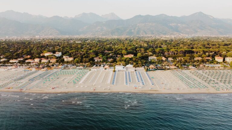 The Versilia coast from the air: beach clubs, the pine belt and the Apuan Alps behind, Il Giorno Perfetto di Glenda Marradi
