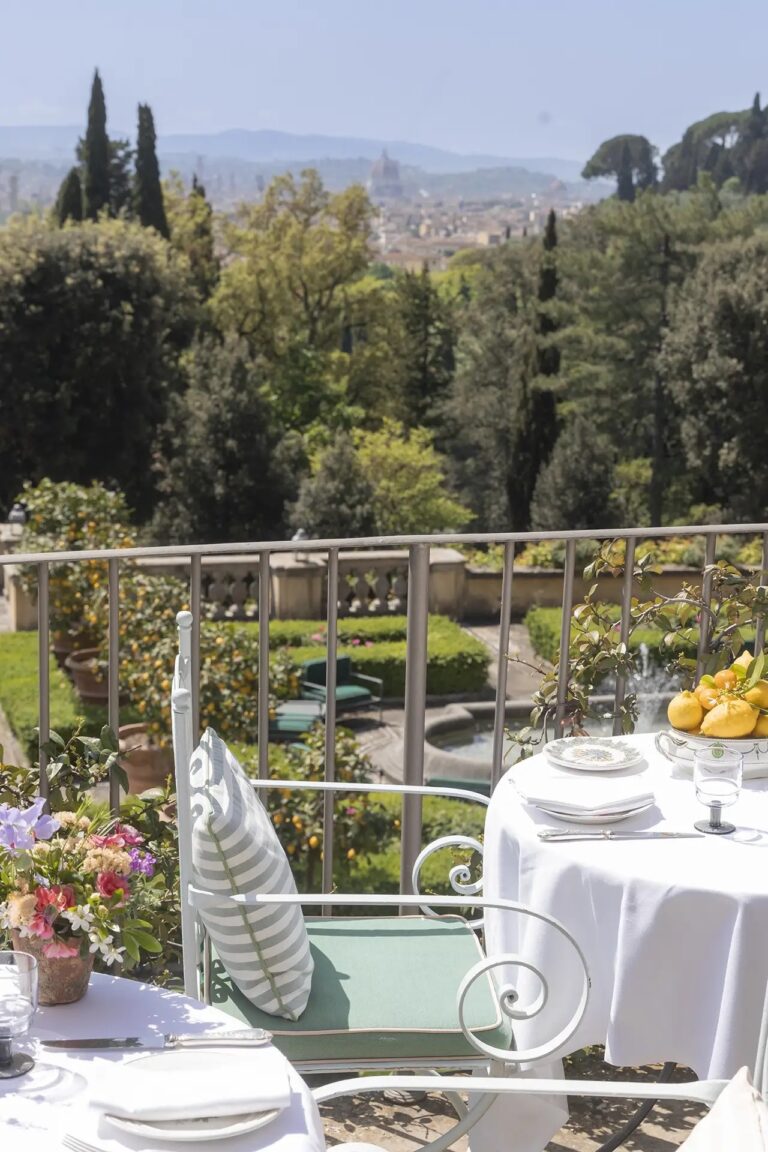 Breakfast on the terrace, gardens and Florence below, Il Salviatino