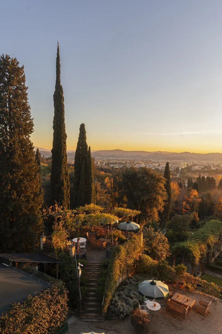 The garden terraces and cypress trees, Duomo on the horizon, Il Salviatino