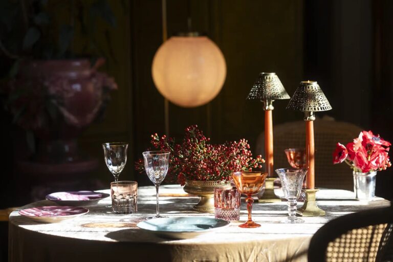 A table set for dinner, candlelight in the villa, Il Salviatino