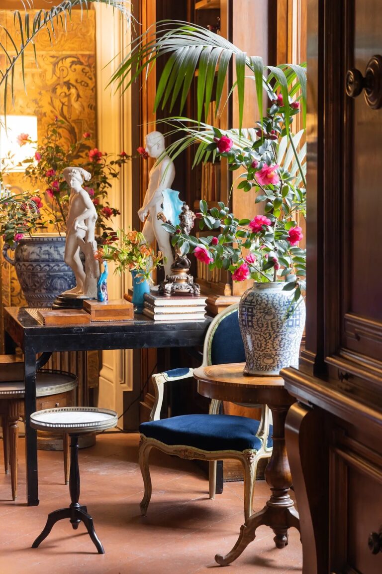 A salon with antiques, flowers and afternoon light, Il Salviatino