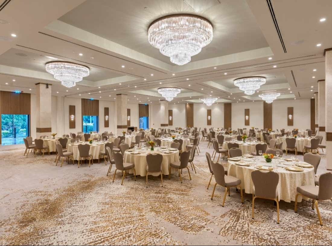 A ballroom set for a banquet with crystal chandeliers, InterContinental Istanbul