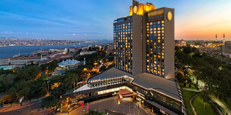 Exterior of the hotel above the Bosphorus at dusk, InterContinental Istanbul