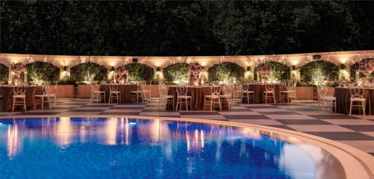 A wedding reception laid out by the pool at night, InterContinental Istanbul