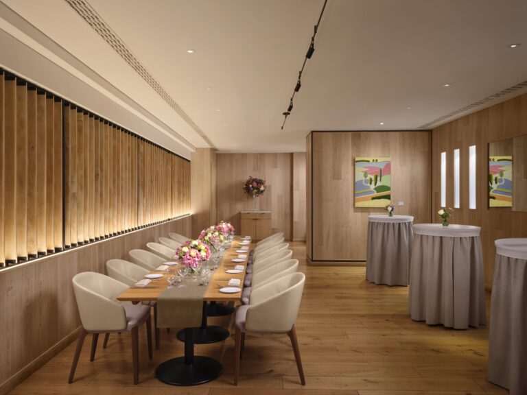 The Amalfi private dining room at Theo Randall Cucina Italiana with a long table and poseur tables for drinks, InterContinental London Park Lane