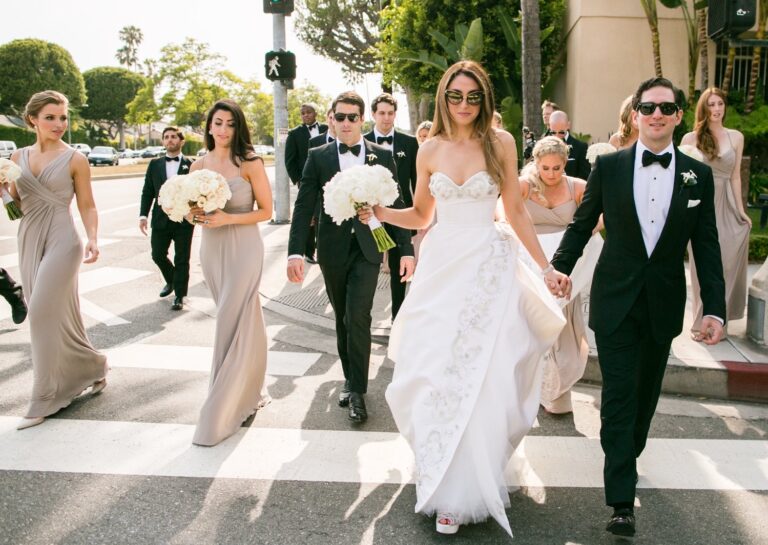 The couple and wedding party crossing a Beverly Hills street, International Event Company