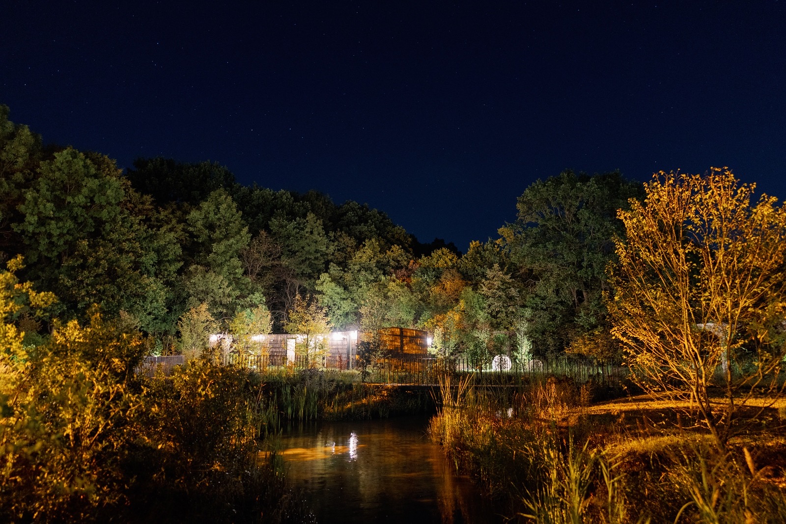 The glasshouse and gardens at night, with the Snagov forest behind, Iris Orangerie
