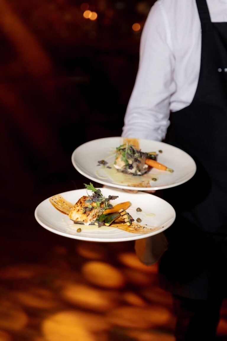 Plated dishes served at a wedding, Iris Orangerie