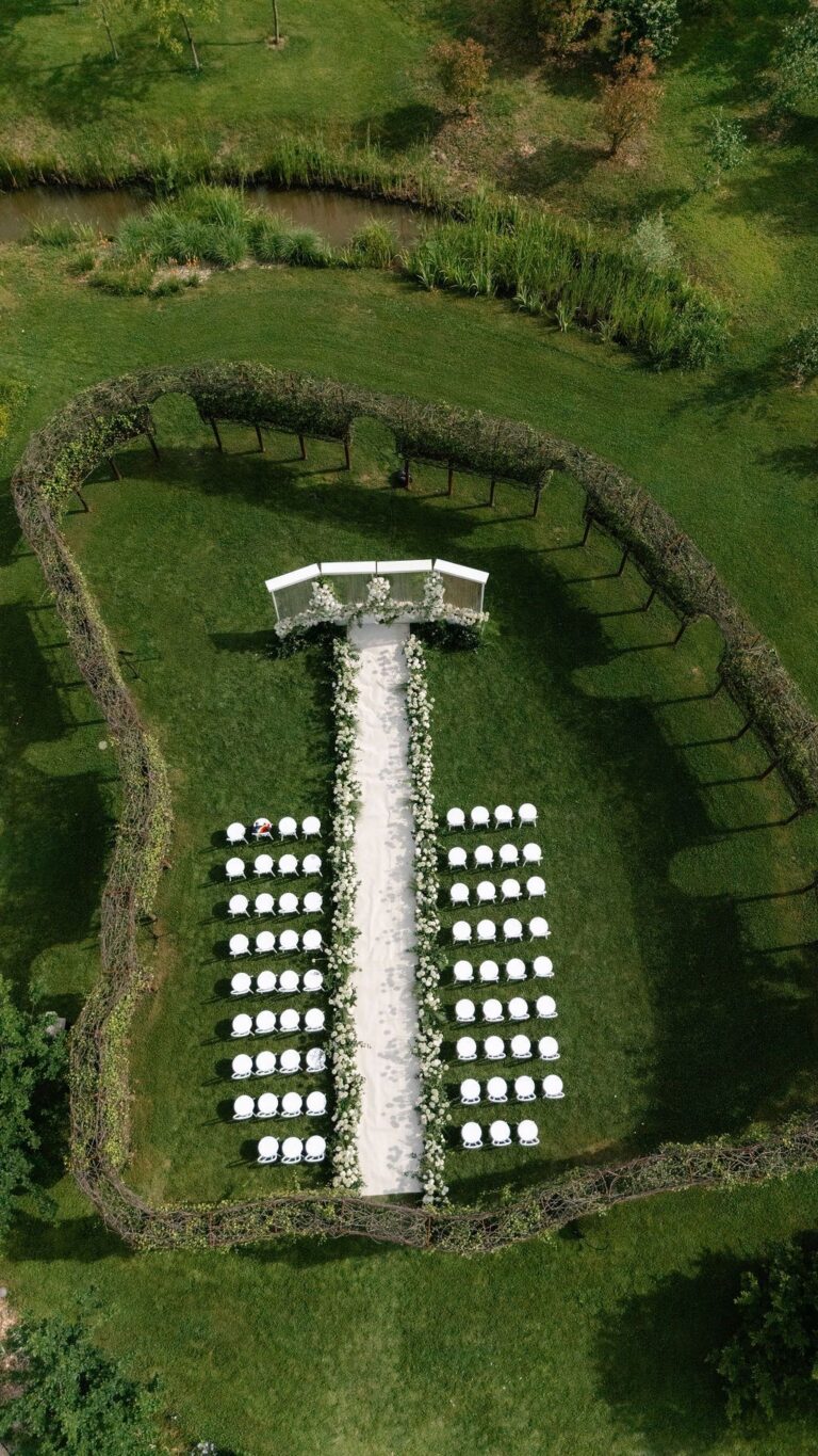 Aerial view of a garden ceremony layout, Iris Orangerie