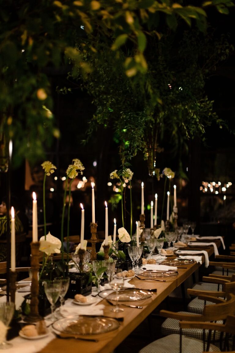 Long table with candles and floral decoration, Iris Orangerie