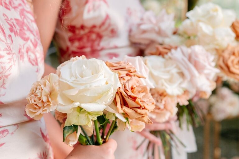 Bouquet of roses and peonies in soft pink and cream, Italian Wedding