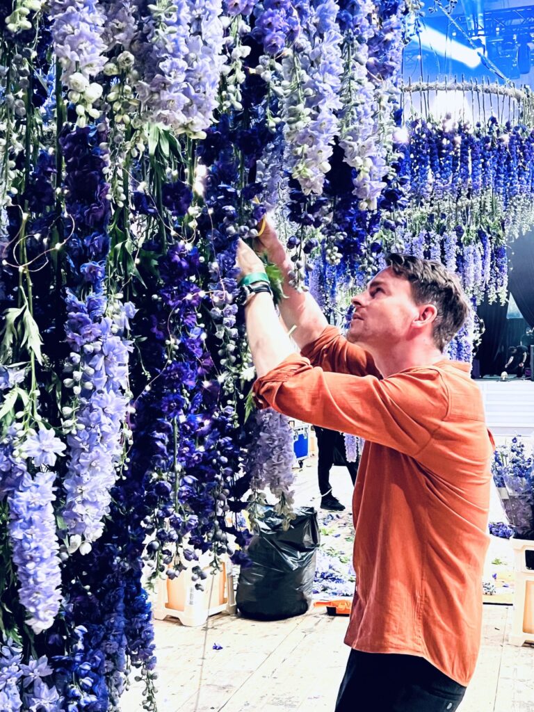 Jamie Aston builds a suspended delphinium installation by hand, Jamie Aston